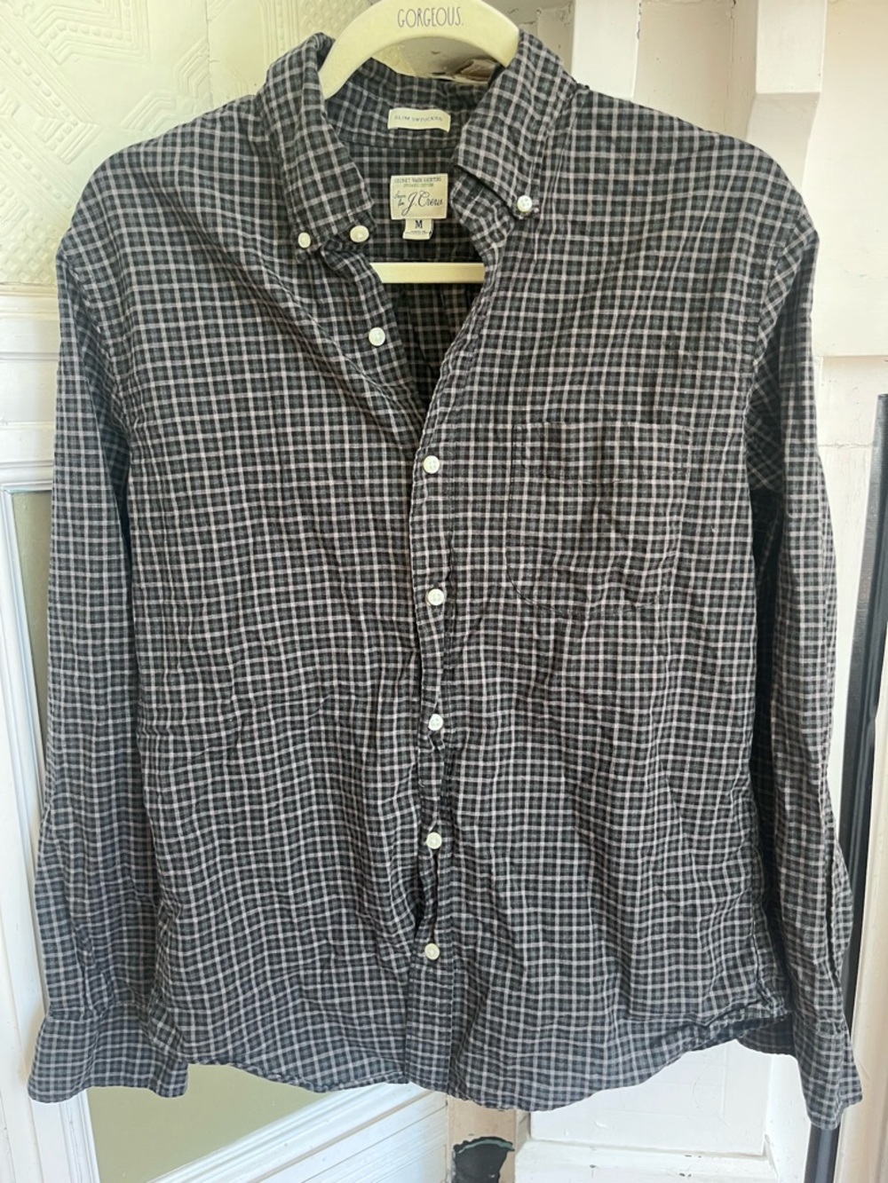 J. Crew Men’s Black & Gray Plaid Button-Down Secret Wash Shirt